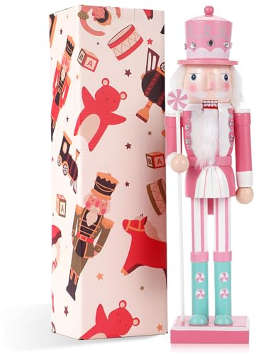 VorFor Nussknacker Figur,38CM Nussknacker Weihnachten Dekorationen,Massivholz Handwerk Deko Geschenkstücke,Rosa Kamin Dekorationen Und Interieur Weihnachtsdekorationen.