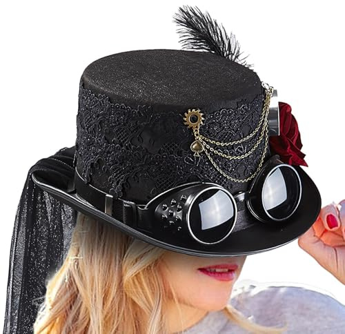 Vmiorzq Damen Steampunk Hüte im Gothic Stil,Damen Hut im Viktorianischen Stil | Kopfbedeckung Mit Rose Abnehmbare Bruste Und Kette Accessoires Manner Frauen Kostum Maskerade Film Requisiten Festival