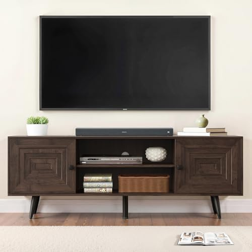 Estiliza Mid-Century Moderner TV Schrank Holz für 65 Zoll Fernseher, TV Lowboard mit offenen Regalen und 2 Türen, Stilvolles TV Board & TV Bank für Wohnzimmer und Schlafzimmer, Dunkles Walnuss