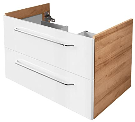 BadeDu NES Waschbeckenunterschrank in Braun/Weiß – 80cm breiter Waschtischunterschrank, Zeitlos moderner Stil, 2 Schubladen mit Soft-Close – Made in Germany