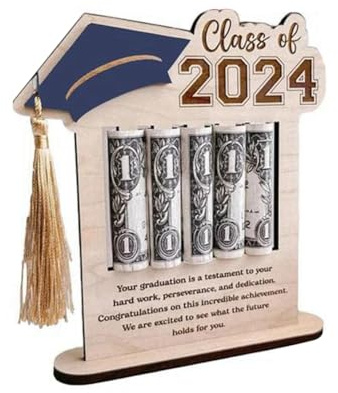 Flaroey Money Card Holder 2024 Graduation Cash Holder Wooden Congrats Card Money Clip for Home Desktop Decor Party Favors Easy Install Blue