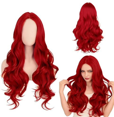 NAVESO Lang Perücke Damen Rot, 25.6 Zoll Perrücke Frauen Rot Locken,Rote Perücke Fasching,Haare Rote Perrücke Lang mit Haarnetz,Seitenteil Wellige Natürliche für Karneval,Cosplay,Maskerade,Halloween
