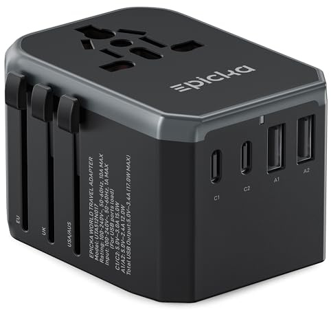 EPICKA Universal Reiseadapter Adapter mit 2 USB-C und 2 USB-A | Internationaler Steckdosenadapter, Reiseadapter Weltweit,Travel Adapter für Deutschland USA UK JP TH AU,TA-104e,Schwarz