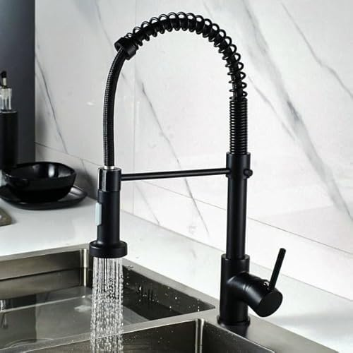 Robinet de cuisine noir avec douchette extractible, 2 jets, pivotant à 360°, mitigeur monocommande, design moderne à ressort, installation facile et élégant.
