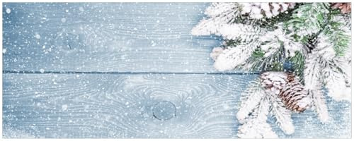 Wallario Küchenrückwand selbstklebend 115 x 50 cm, Motiv: Verschneite Tannenzweige auf Holz - Winterdekoration | Spritzschutz abwischbar & pflegeleicht