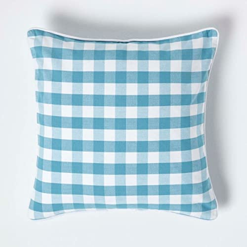 Homescapes blau Karierter Kissenbezug mit Groß-Karo-Muster, dekorative Gingham-Kissenhülle 45 x 45 cm für Sofakissen und Zierkissen aus 100% Baumwolle, mit Reißverschluss