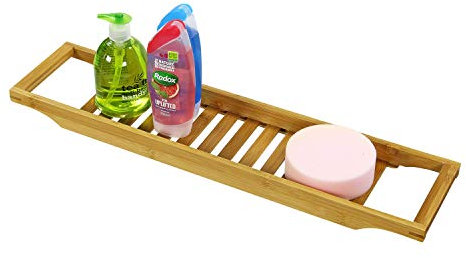 Taylor & Brown Premium 100% Natural Bamboo Bath Caddy Bridge Slim Wooden Bathtub Bathroom Over the Tub Shelf Tidy Storage Tray Rack Holder Organiser