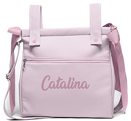 Bolsa panera de polipiel personalizada con nombre bordado - Bolso carro - Talega carrito de bebé - Rosa - Nenel