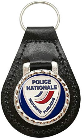 Giftshop UK Porte-clés Police Nationale en cuir, Cuir noir et métal argenté, 45mm x 80mm
