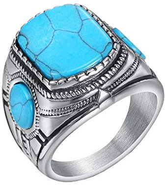 HIJONES Herren Jahrgang Blau Türkis Onyx Edelstein Ring aus Edelstahl Silber Größe 54