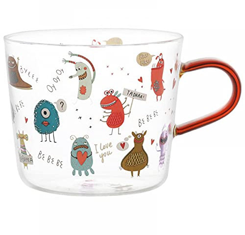 Sizikato Clear Glass Breakfast Cup with Handle, 15 Oz Milk Mug, Cute Monster Pattern