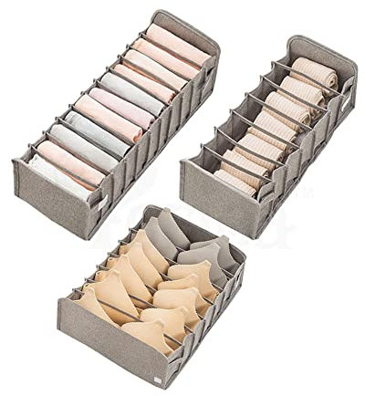 Periea Clothes Organiser for Drawers ‘Lottie’ Foldable Bedroom Drawer Organisers – Grey – Pack of 3