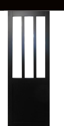 Porte Coulissante Atelier En Enrobe Noir Largeur 83 + Rail Bandeau Noir + 2 Coquilles Posees