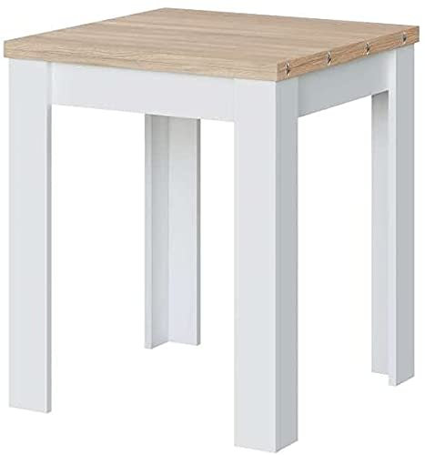 JUANIO Mesa de Cocina Extensible con Acabado en Color Blanco Artik y Roble Canadian - Dim: 67-134 cm (Ancho) x 67 cm (Fondo) x 79 cm (Alto)
