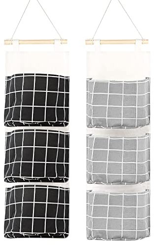 2 Pcs Portaoggetti Da Parete Con Tasche, Con 3 Tasche, Lino Cotone Appendere Sacca, Per Casa E Ufficio(Nero e grigio)