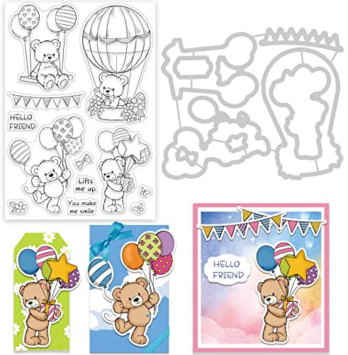 GLOBLELAND 2 Stück Bär und Ballon Klare Stempel und Metallstanzungen Set für DIY Scrapbooking Dekoration Blumenpuppe Transparente Stempel für Karten DIY Schnittschablonen für Fotoalbum Dekor