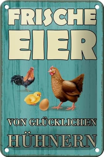 Femer Blechschild Spruch 12x18cm frische Eier glückliche Hühner