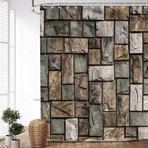 ASDCXZ Rideau de Douche 180x180 cm, Maison de Campagne rétro Mur de Pierre irrégulière Pierre Marron imperméable Textile Rideau Douche Tissu Lavable pour Baignoire avec 12 Crochets