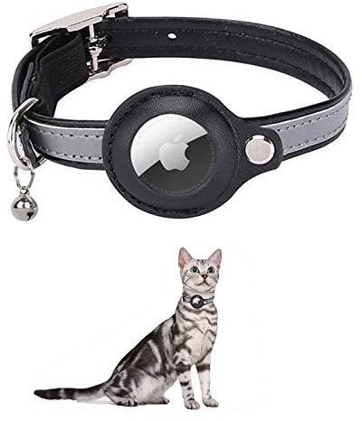 KOCNYDEY Leder reflektierende AirTag Katze Halsband, Anti-Lost Katze Halsband mit Einstellbarer Halterung & Bell integriert Apple Air Tag Katzenhalsband für Katzen kleine Hunde (Schwarz)
