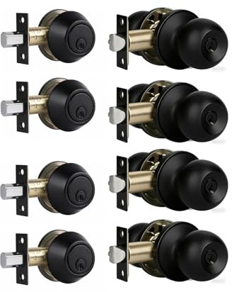Multi-Pack Door Knob with Lock and Deadbolt, Keyed Alike Exterior Door Handle Lock Set for Front and Entry Doors, Matte Black Finish, 4 Pack