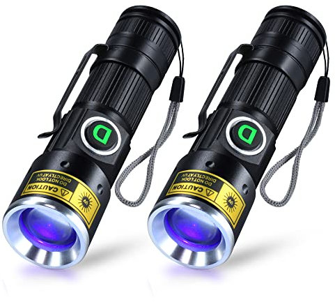 DARKDAWN UV Taschenlampe 365nm Licht Schwarzlicht USB Wiederaufladbar, Woodsche Lampe Ultraviolett LED Mini, Detektor für Haustier Urin, Fluoreszierend, Bernstein, Uran Glas, Geld, Harz Härten, 2 PACK
