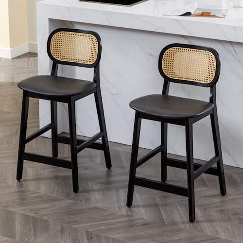Wahson Rattan Barhocker 2er Set, Barstuhl Bistrohocker gepolsterte Sitzfläche aus Kunstleder Küchenhocker Tresenhocker für Kücheninsel/Hausbar