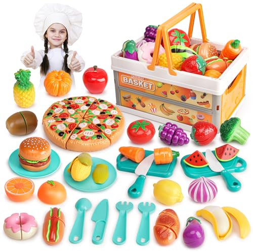 kramow Cuisine Enfant, Dinette Enfant avec Panier à Main Pliable, Fruit et Legumes Jeux Enfant, Accessoires Cuisine, Jouets Alimentaires, Jouets éducatifs pour Bébé Garçons Filles 3 4 5 6+ Ans