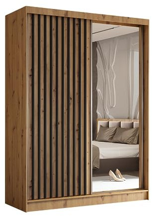 Margaret Hadas24 Kleiderschrank Erika mit Lamellen und Spiegel, Organizer, Mehrzweckschrank, Schwebetürenschrank, Garderobenschrank, Kleiderstange, Kleiderständer, Flurschrank, 160 cm, braun, schwarz