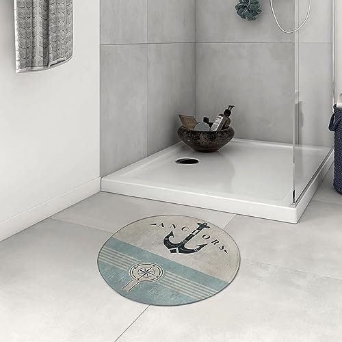 Badezimmerteppich rutschfest Nautical Aged Ocean Lover Phrase mit Anker und Kompass Marine Adventure Desig Waschbar Teppich rund Weich Flauschig Badteppich Weich Kurzflor Mikrofaser Badvorleger 60 cm
