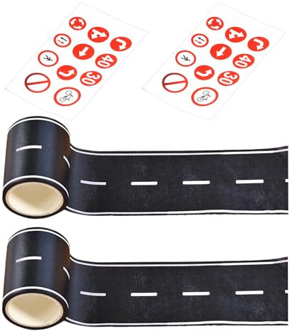 COACOM 2 Rollen gewöhnliches Autobahnband mit 2 Verkehrsschildaufklebern, Verkehrsband, Schilderaufkleber, Straßenmodellpapier, Spielzeugauto-Straßenband.
