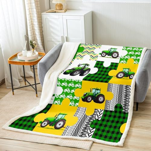 Homemissing Cartoon LKW Decke 150x200cm Gelb Grün Wohndecke für Jungen Mädchen Construction Fahrzeuge Kuscheldecke Landwirtschaftsbagger Flanell Fleecedecke für Sofa