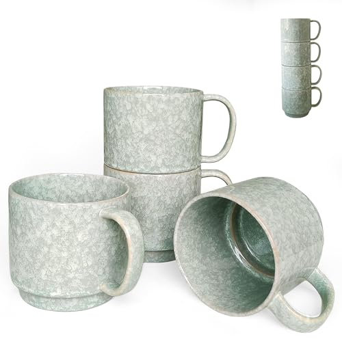 NIUKOMY Juego de 4 Tazas de Café Apilables, Taza de Té Grande de Cerámica con Asa 480ML, Taza de Hecha a Mano con Motivos de Granito para Desayuno, Leche, Café, Té, Verde