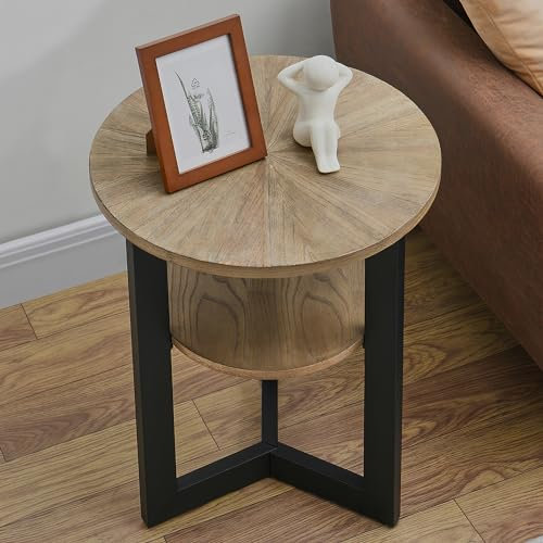 PADMA HOUSE Runder Couchtisch, Teetisch, Doppeldecker Beistelltisch, Sofatisch für Wohnzimmer, mit Metallbeinen (Natürliche, 49 x 49 x 60 cm)