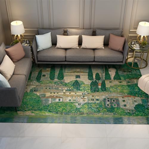 UERWOWELL Gustav Klimt Bergdorf inspirierte Kunstteppiche Moderne Türmatte mit Farbverlauf Großer Anti-Rutsch-Teppich Perfekt für den Flureingang des Foyers 80x150cm