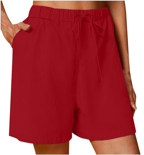 CSWH Shorts Damen Sommer Einfarbiges Kurze Hose mit Kordelzug Damen Leichte Stretch Weite Hose mit Taschen Frauen Loose Fit Leinenhose Jogginghose Sommerhose Freizeithose für Alltag Outdoor