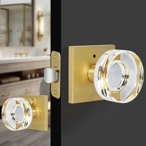 Gaurqiah Privacy Crystal Door Knob Round Shape, Satin Brass Glass Door Knob Interior with Privacy Button, Vintage Crystal Doorknob for Bedroom, Bathroom