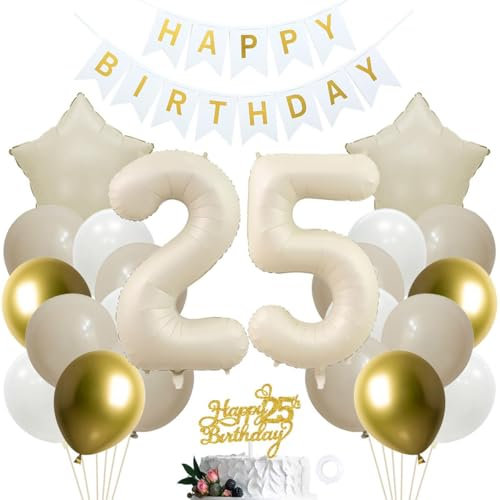 SNOWZAN 25. Geburtstag Deko Weiß Gold für Mädchen und Junge - Kuchen Topper, Party Dekoration, 25th Birthday Decorations für 25 Jahre Geburtstagsdeko