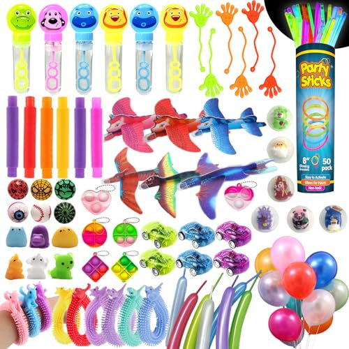 WAORZMK 160Pcs Party Bag Fillers for Kids with Glow Sticks, Bubble, Balloons, Gliders, Assortment Toys Classroom Prizes Rewards Stocking Fillers for Boys Girls Toddler Birthday Party Gift Favors