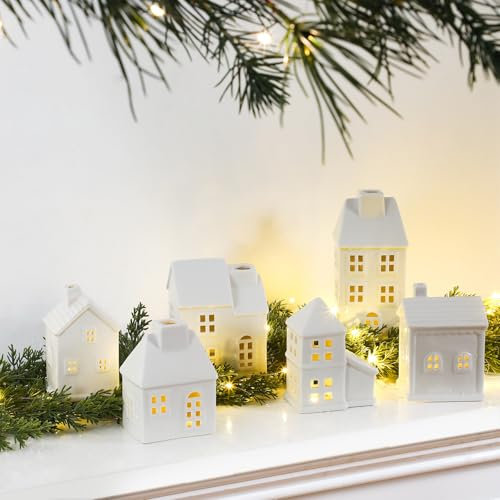 Blueweenly 16 Pcs Ceramic Christmas Village Sets Include 6 White Porcelain Village Town Houses 9 Christmas Trees and 50 LED Light with Remote Control for Xmas Scene Holiday Mantle Desktop Decoration