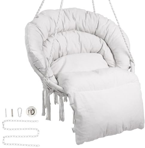 VEVOR Poltrona sospesa, 150 kg, Poltrona sospesa Girevole in macramè, Cuscino, Materiali di Montaggio, Corda di Cotone, Poltrona Relax con Frange, da Giardino, Interno, Esterno, Beige