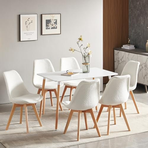 FURNITABLE Esszimmergruppe Esstisch mit 6 Stühlen Essgruppen, Rechteckig 110cm Küchentisch-Set und 6er Set Esszimmerstühle für Wohnzimmer Küche Büro (Weiß Tisch+6 Weiß-Lammwolle Stühle)