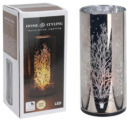 LED Teelicht Dekolampe Windlicht Lebensbaum Timer Lampe warmweiß Beleuchtung Ø7xH15cm Silber Batterie