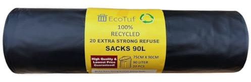 EcoTuf 20 Pack Extra Heavy Duty Refuse Sacks, 90-100L, 45 Kg Weight Resistant Bin Bags Garbage Bags, Leak Resistant Eco-Friendly, Disposable, Perfect for Household, Garden, Commercial & Building Use