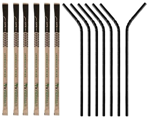 HOT BARGAINS 500 x Black Paper Flexible Drinking Straws Individually Wrapped 21 cm Long, 6mm Dia U Shaped Straws Food Grade Disposable Paper Straws (500)