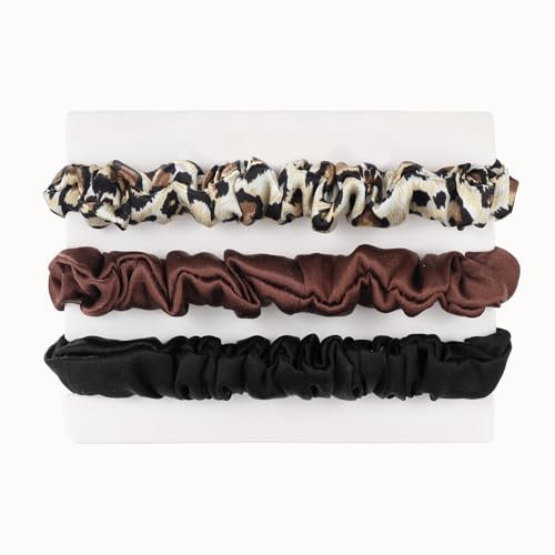 Michooyel 3 Stück Seiden Haargummis Damen 100% reine Maulbeerseide, 1.5cm Mini 16 Momme Seide Haarringe mit Gummiband, Haargummis für Damen Silk Scrunchies (Black Brown)