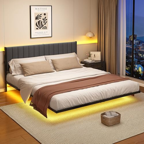 ARFARLY Bettgestell 140x200 mit LED Beleuchtung und Ladestation Bett 140x200 mit Kopfteil Metall Schwebebett Bettrahmen 140 x 200 Erwachsene mit Licht-Robust und Stabil,Leinen, Dunkelgrau