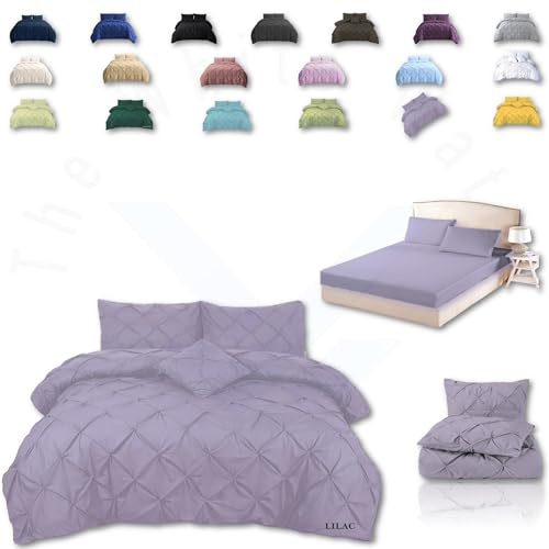 TheWhiteWater Duvet Set - 2/3 in 1 Bedding Set - Duvet Cover + Matching Pillowcases + Fitted Bed Sheets - NPolycotton Pintuck Cover (Lilac, 3 in 1 Bedding Set - King)