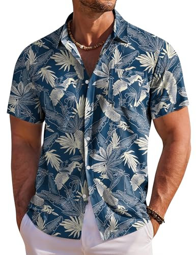 COOFANDY Hawaii Hemd Männer Kurzarm Hemd Herren Hawaiihemd Tropical Palmen Kurzarmhemd Strandhemd Urlaubshemd Sommerhemd Blau-Blatt XL