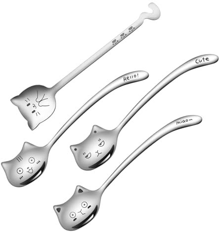 Lot de 4 cuillères à café en acier inoxydable en forme de chat pour café et glace