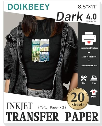 DOIKBEEY Upgraded Version 4 Transfer Paper for T Shirts 20 Sheets, 8.5 X 11 Printable Heat Transfer Vinyl, Vivid Color & Durable Iron on Transfer Paper for Dark Fabric